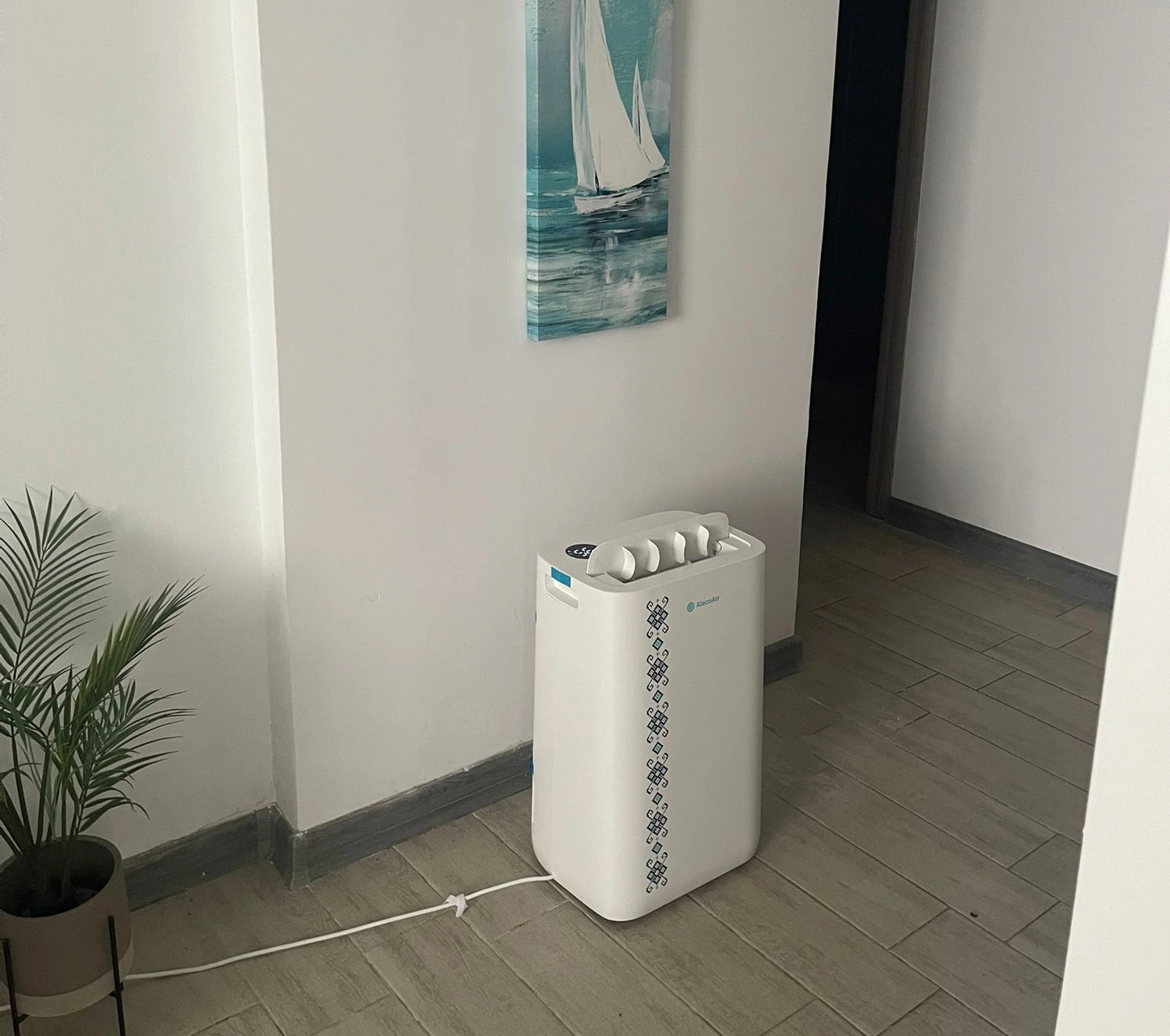 Dezumidificator poziționat corect într-o cameră, cu spațiu liber în jur